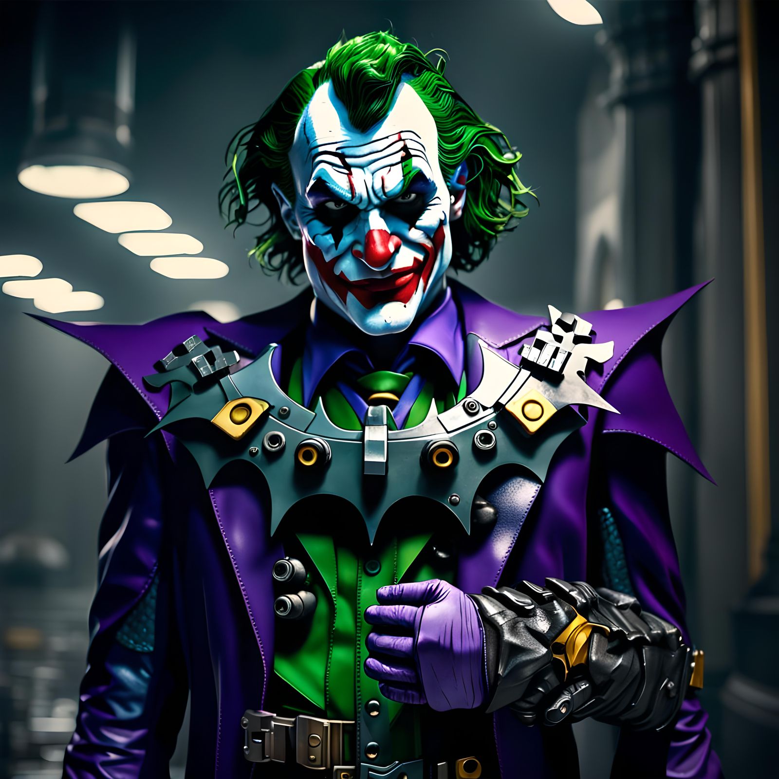 Arkham asylum joker strangles batman with his own utility belt intricate details, HDR, beautifully shot, hyperrealistic,...
