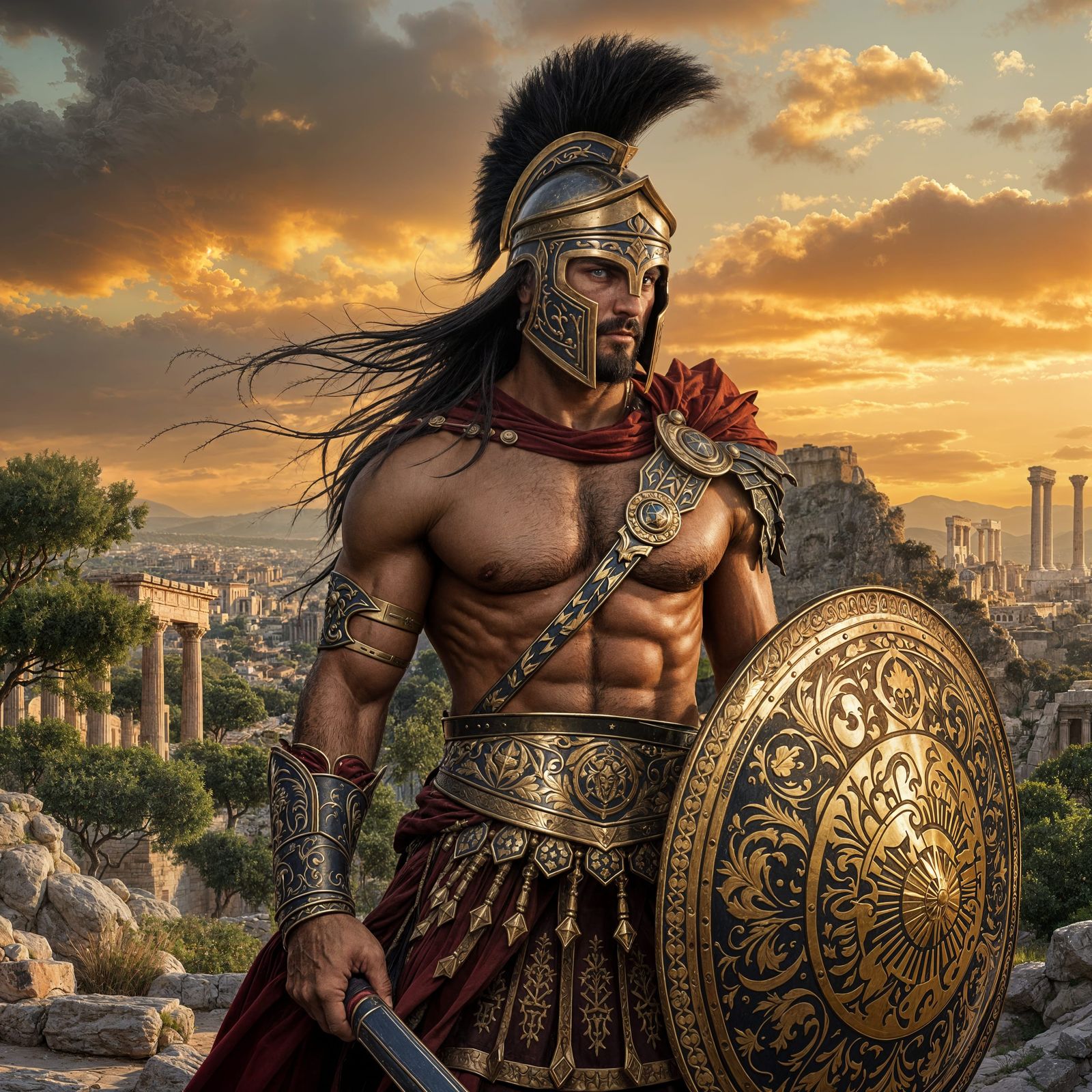 Spartan Warrior Stands Tall in Ancient Greek Landscape