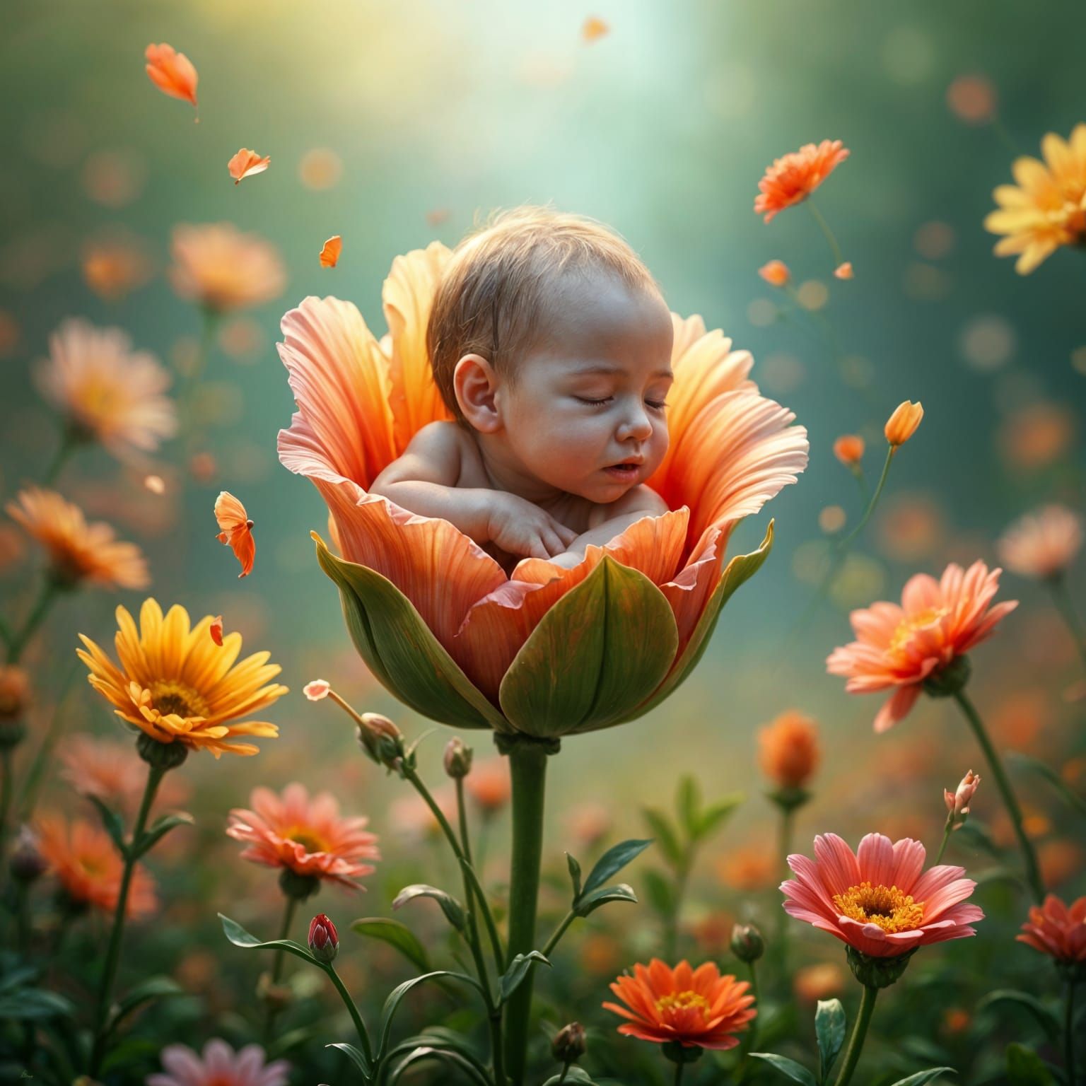 Baby Emerges from Bud in Fantastical Garden