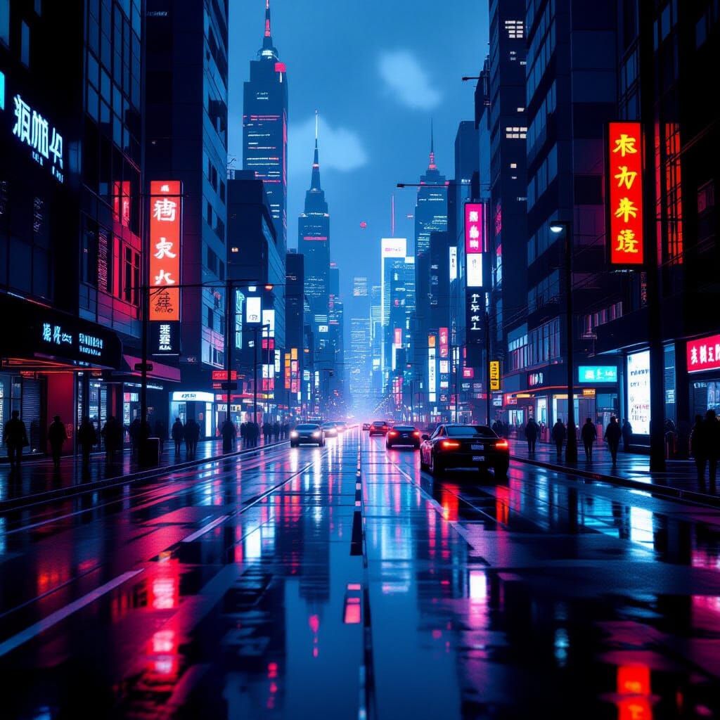 Neon Cyberpunk Cityscape at Dusk, Cinematic Lighting