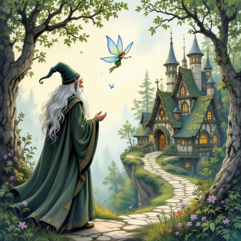 Elf Wizard Guided to Village in Faerie Art Style