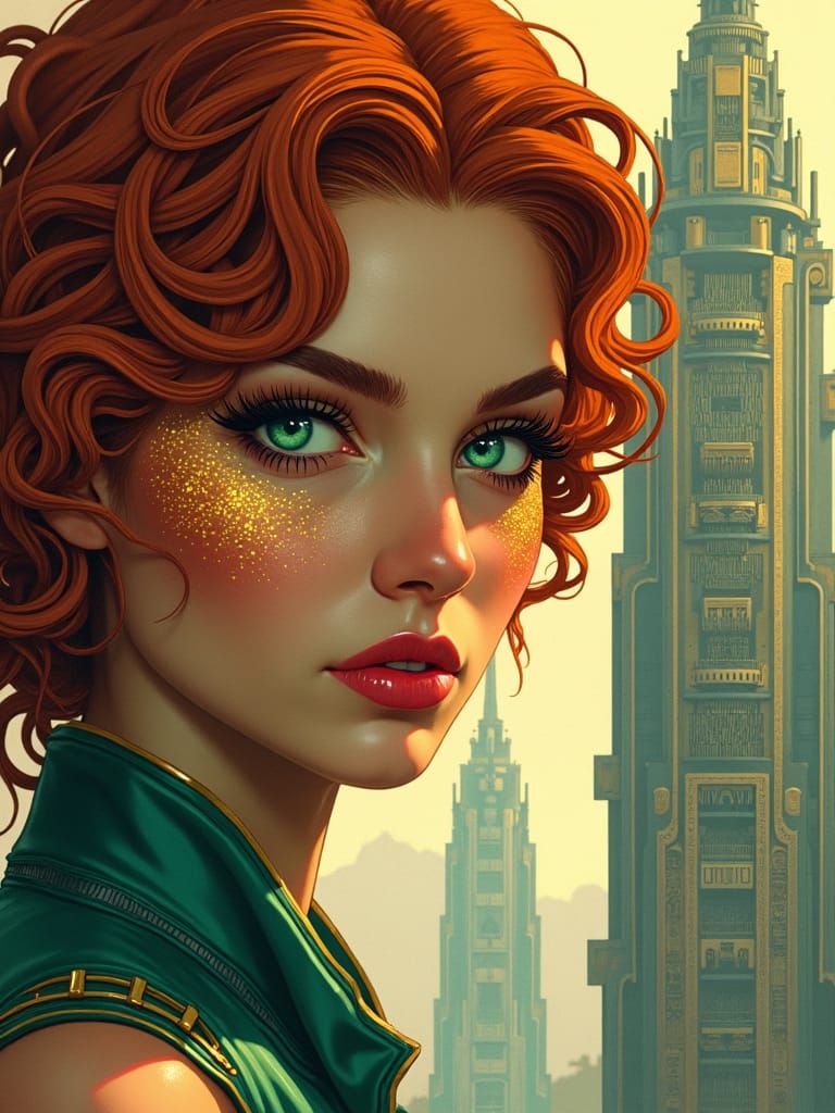 Cyberpunk Femme Fatale with Jade Eyes and Golden Accents