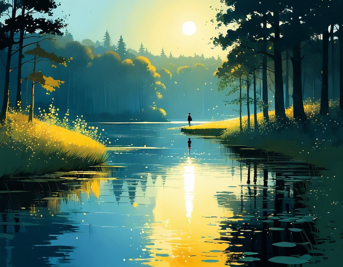 Whimsical Lakeside Scene in Golden Light