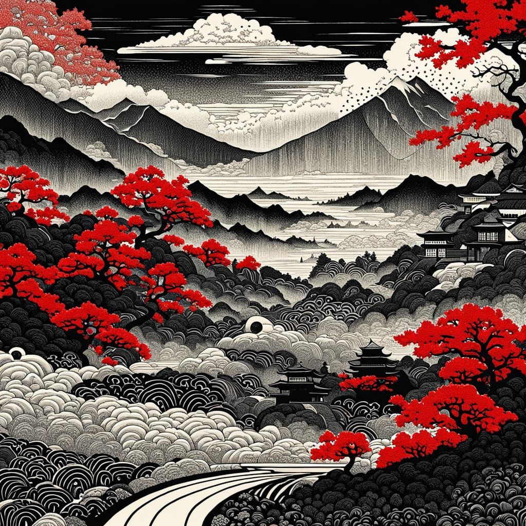 Misty Japanese Mountains in Ukiyo-e Style with Red Accents