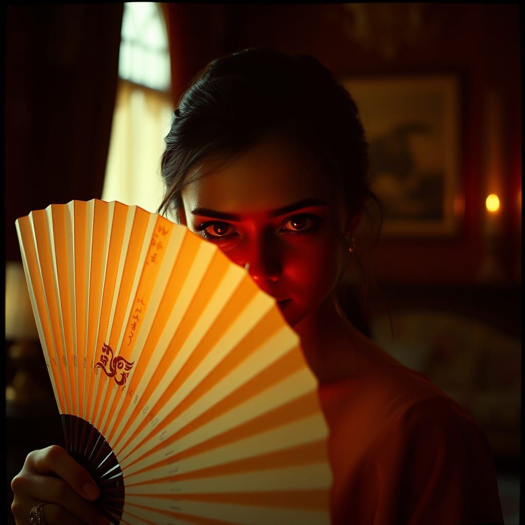 Woman with Silk Fan in Cinematic Lighting