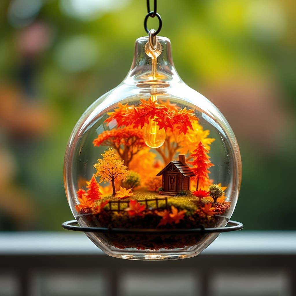 Autumn Landscape Inside a Glass Hummingbird Feeder