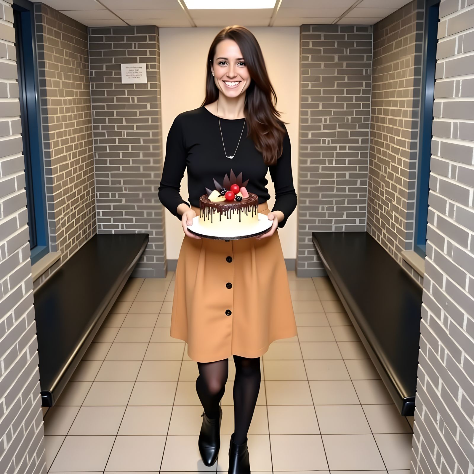 Young Woman Holding Decorated Cake in Hallway