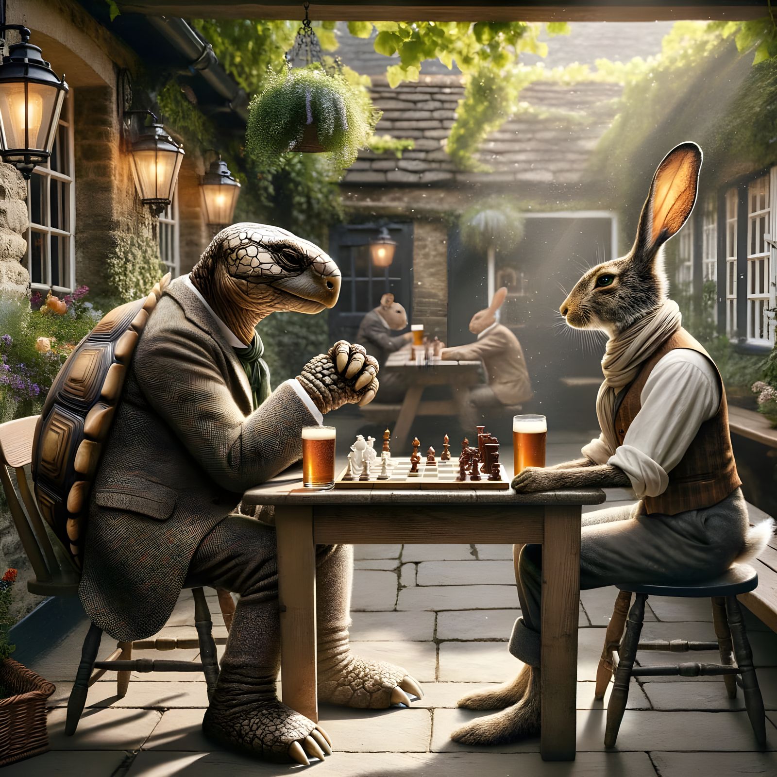 Anthropomorphic Animals Play Chess in English Pub Garden
