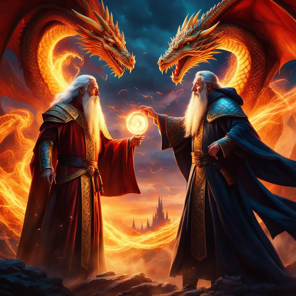 Epic Wizard Battle with Dragons in Fantasy Artwork