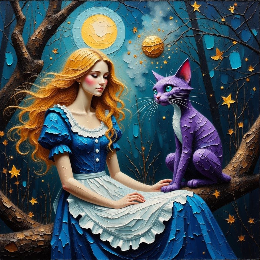 Alice in Wonderland and the Cheshire Cat in thick heavy impa...