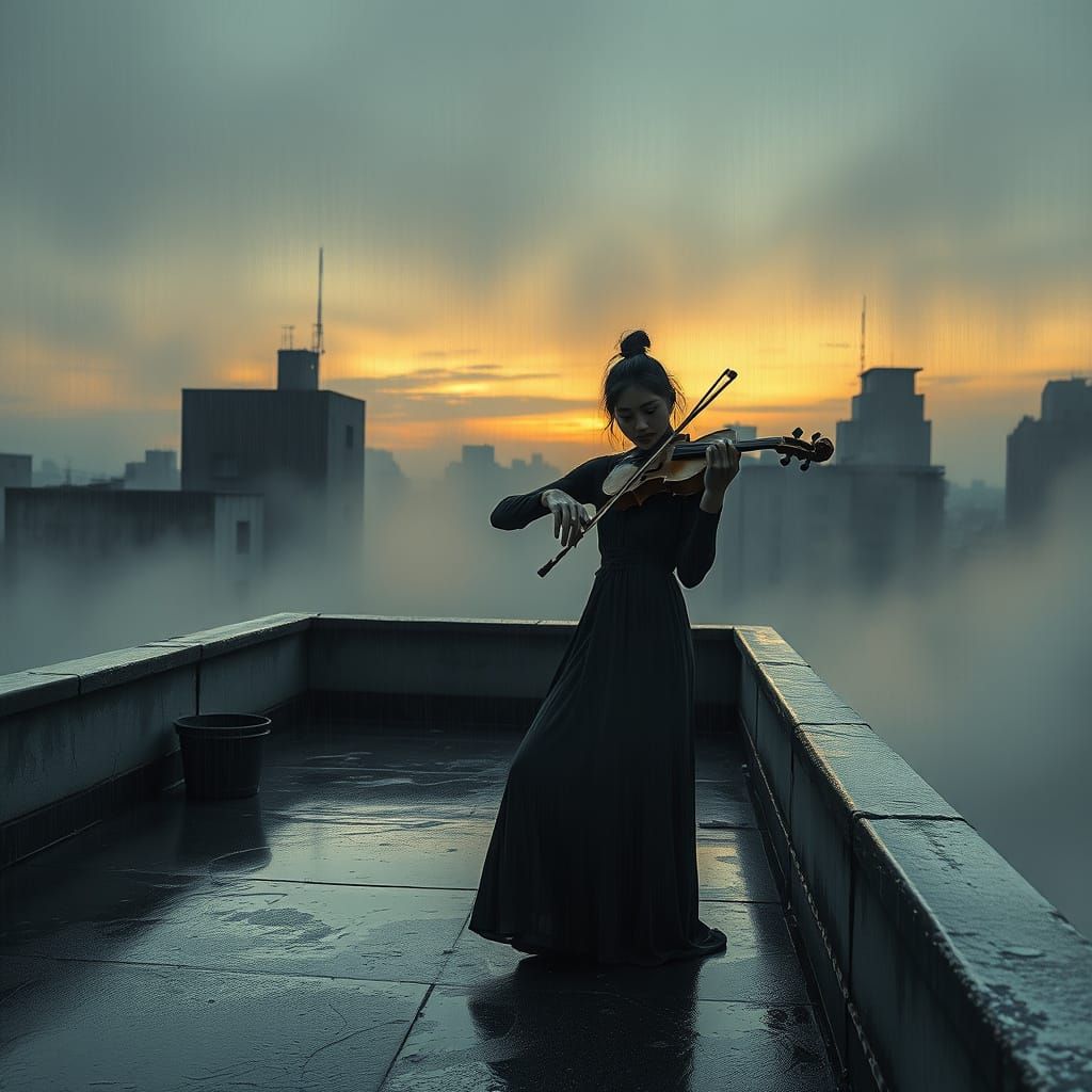 Melancholic Violinist on Wet Rooftop in Abstract Gothic Styl...