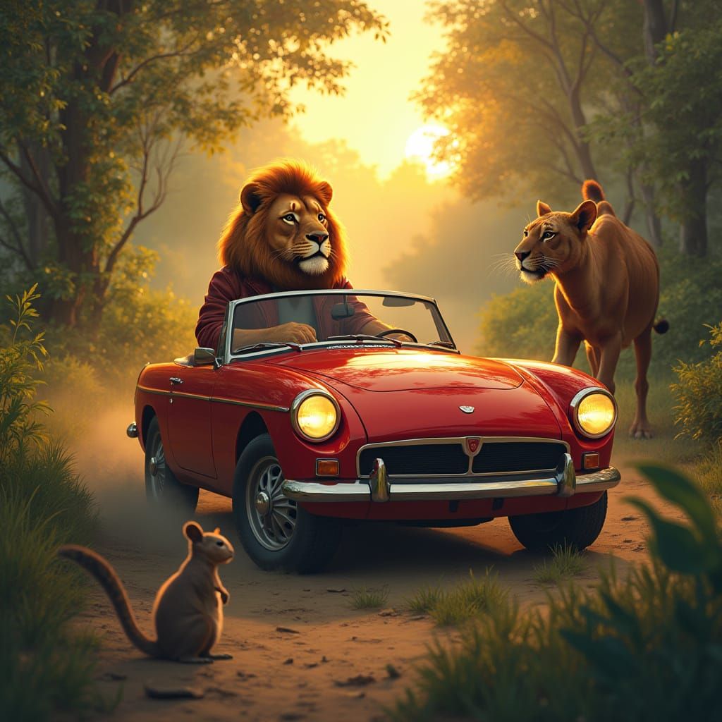 Lion Drives Red Car in Photorealistic Style