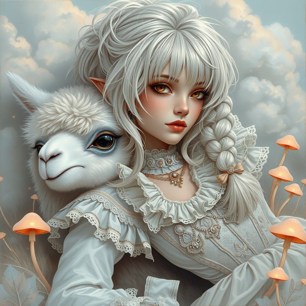 Ethereal Gothic Woman with Alpaca in Dreamlike Landscape