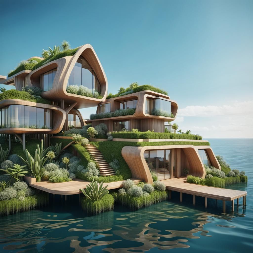 Futuristic Floating Homes by the Sea in 3D