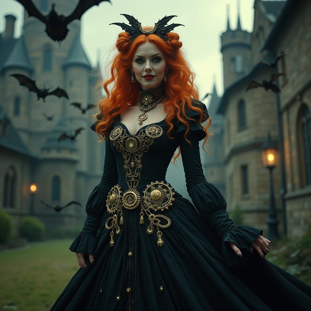 Steampunk Vampire Queen in Moonlit Castle Yard