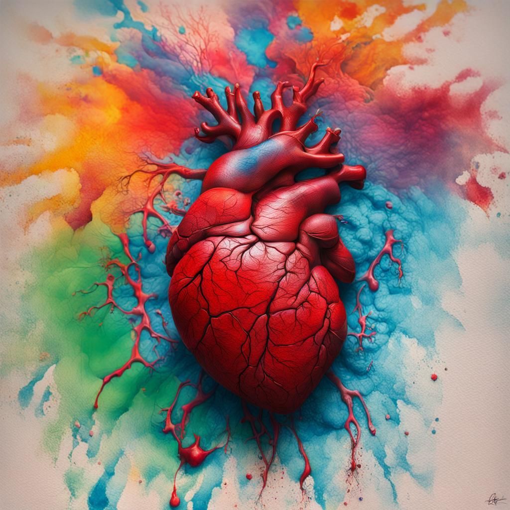 Hyperrealistic Human Heart with Ink Splatters