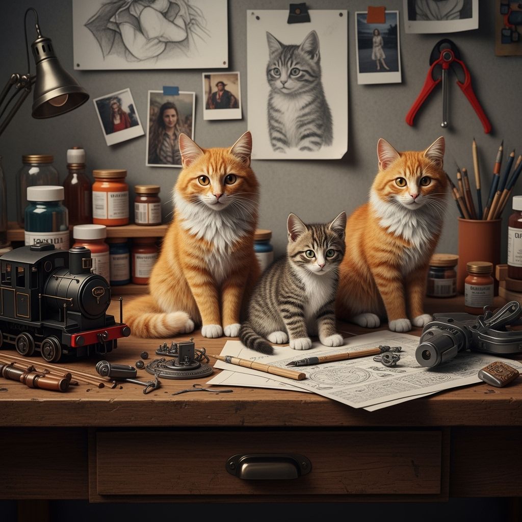 Cats and Hobby Trains on a Woodworking Table