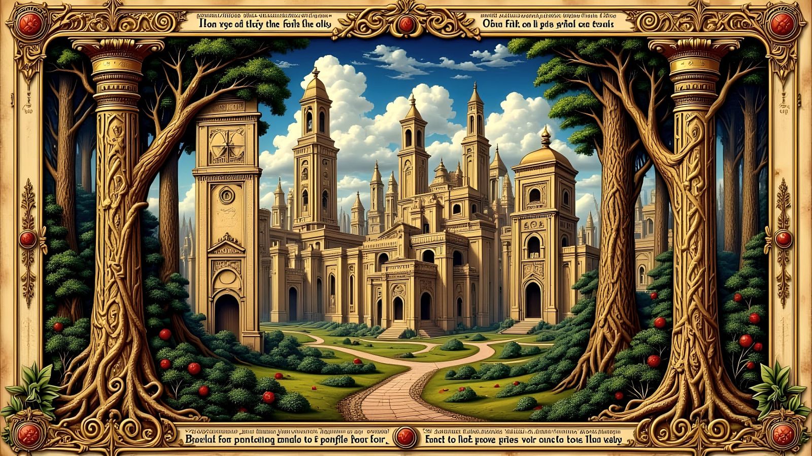 Ancient Manuscript Style City and Forest