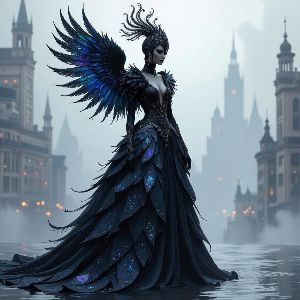 Surreal Black Swan Figure in Ethereal Darkness