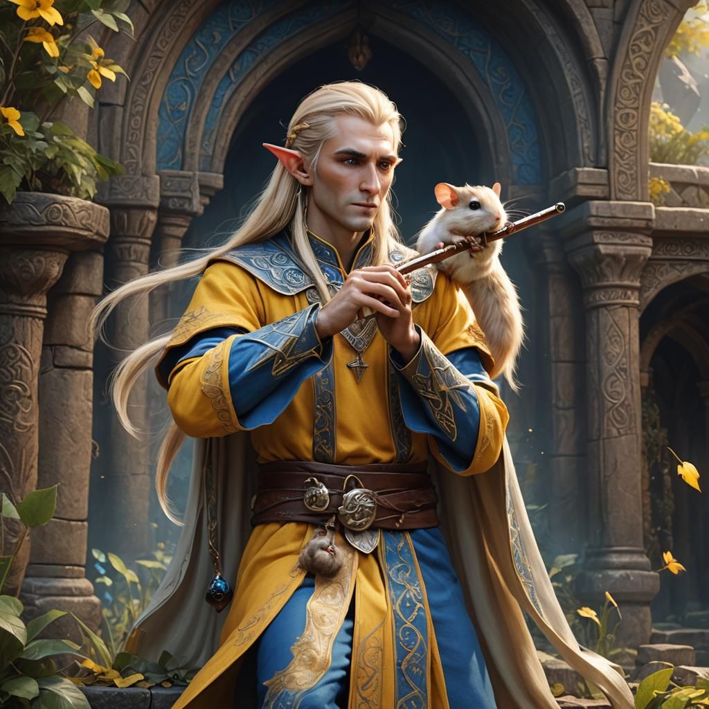 High Elf Flute Player with Hamster, Detailed Fantasy Art