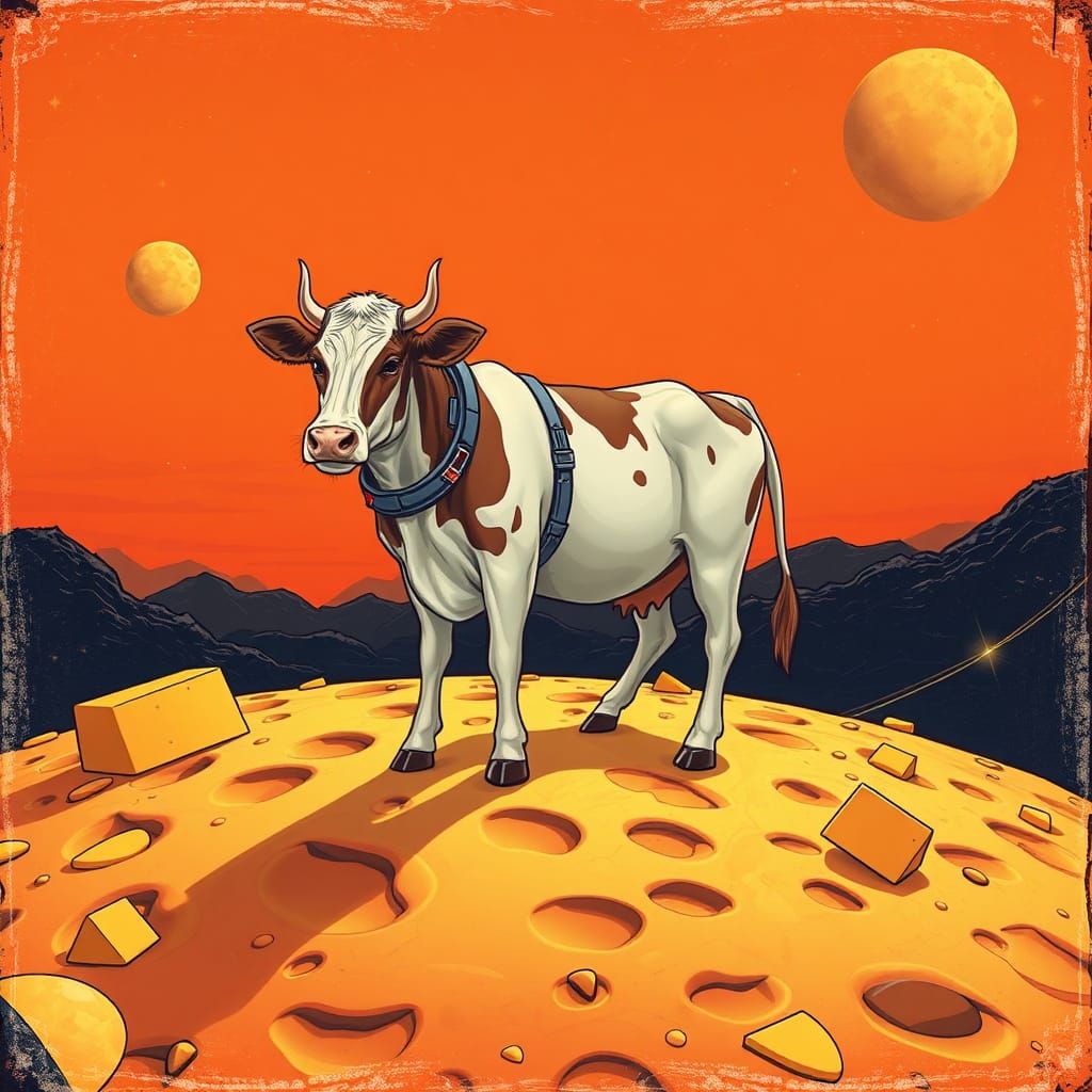 Cow on Cheese Moon in Vintage Comic Style