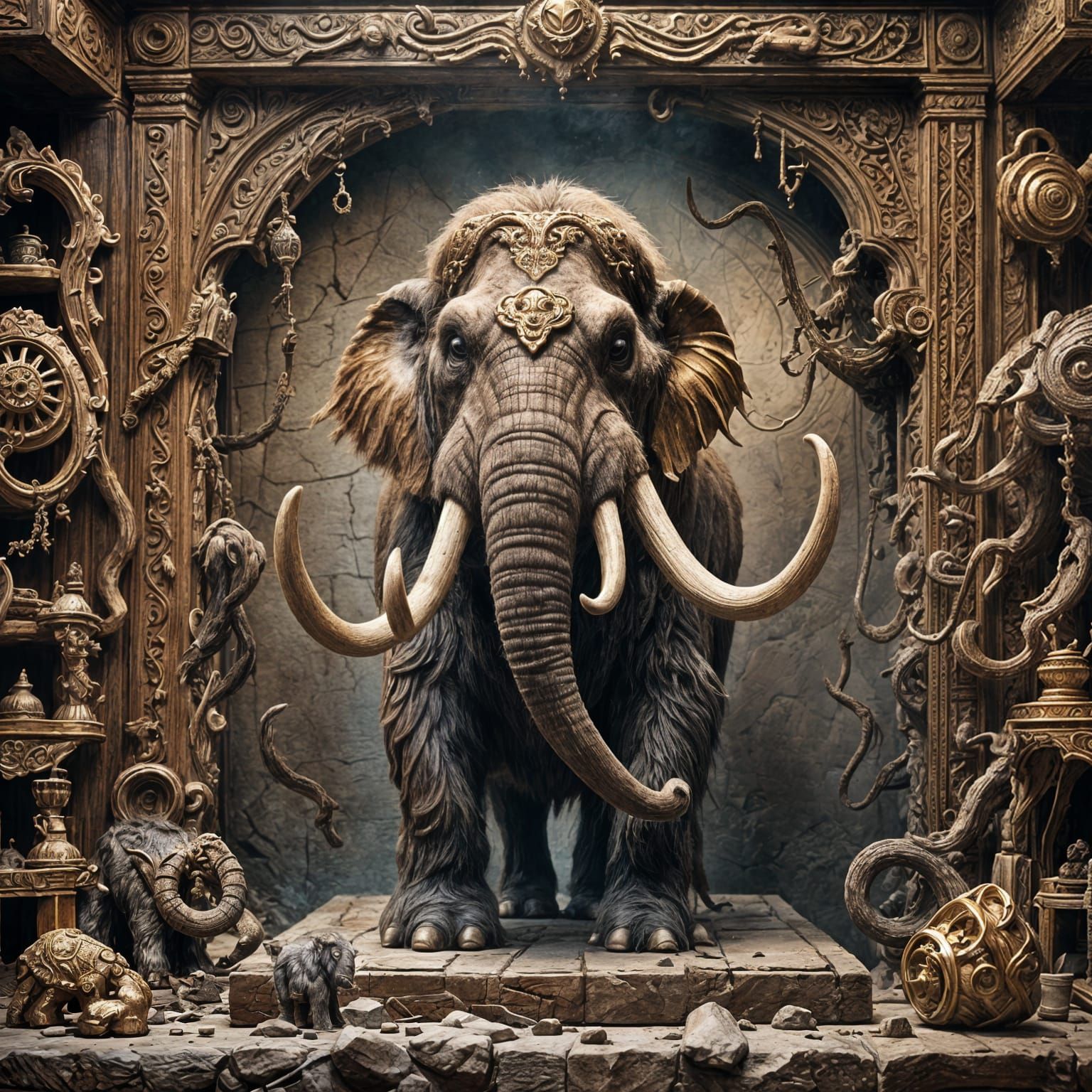 Enamel Mammoth Figure on Dusty Shelf