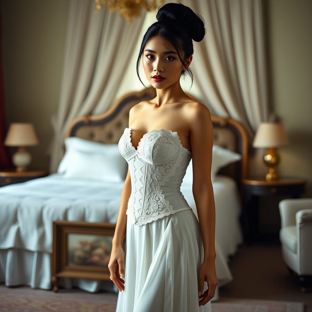 Elegant Asian Woman in Corset in Villa, Retro Film Style