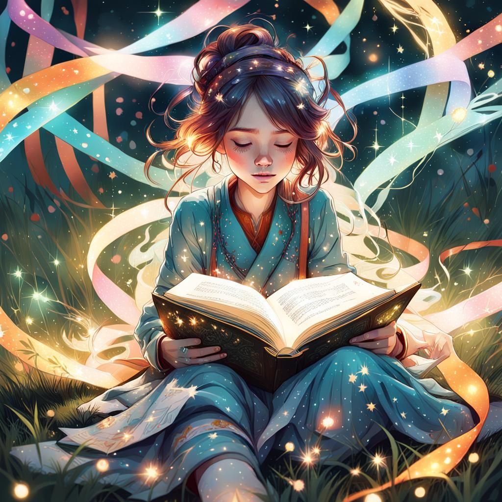 Girl Reading, Imagination as Colorful Lights, Digital Art