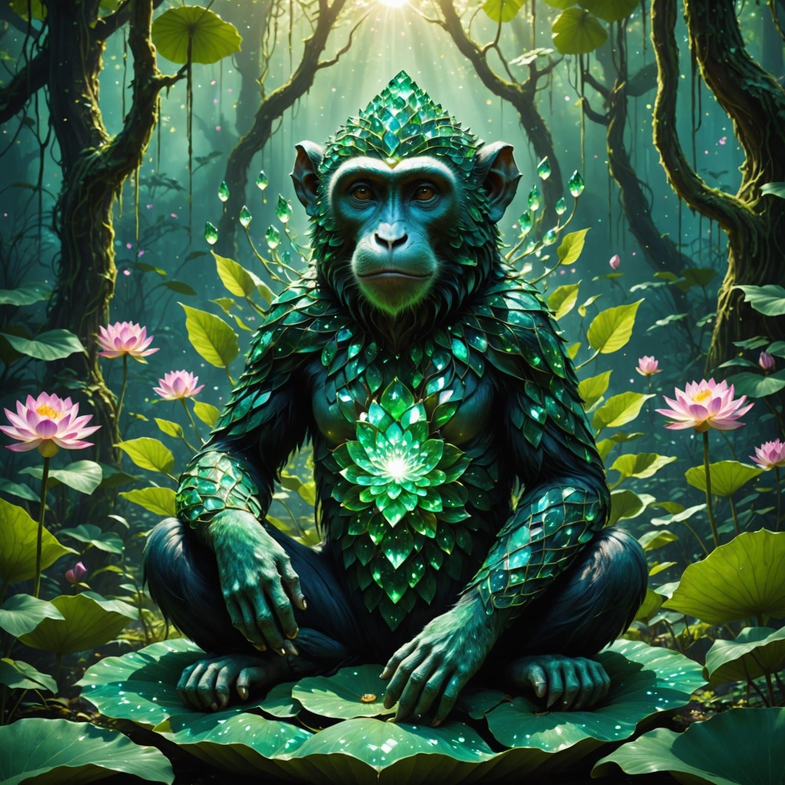Emerald Crystal Monkey in Lotus Flower, Fantasy Art