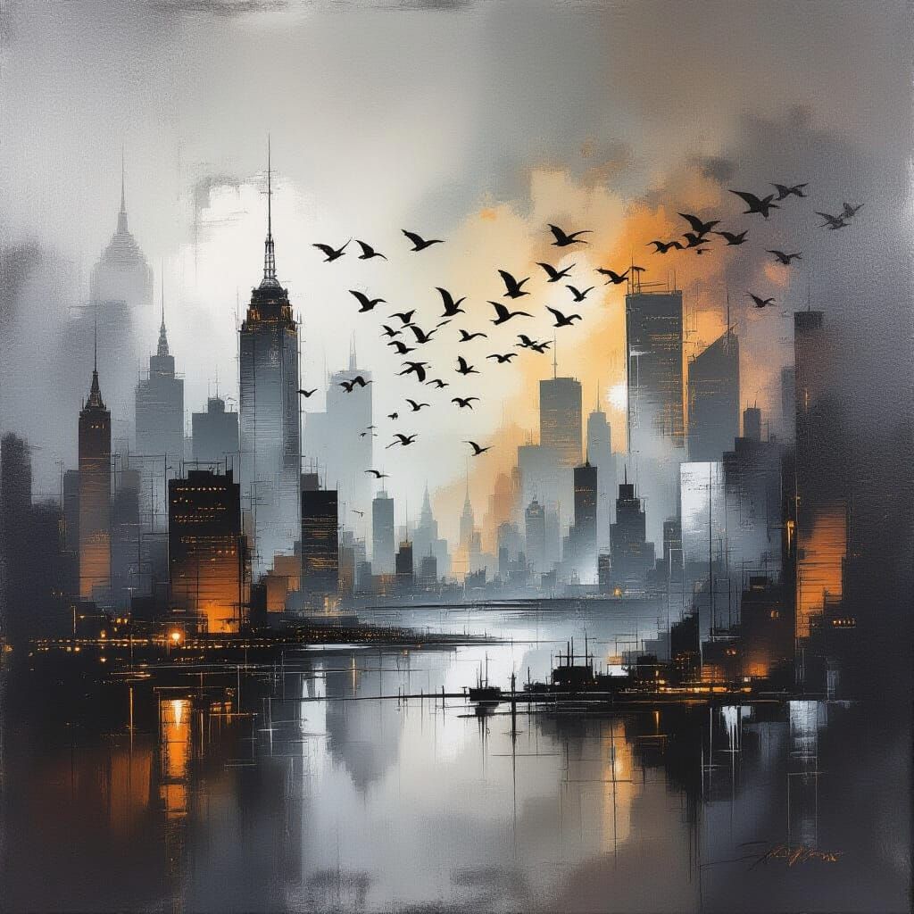 Abstract Cityscape with Birds in Watercolor Style