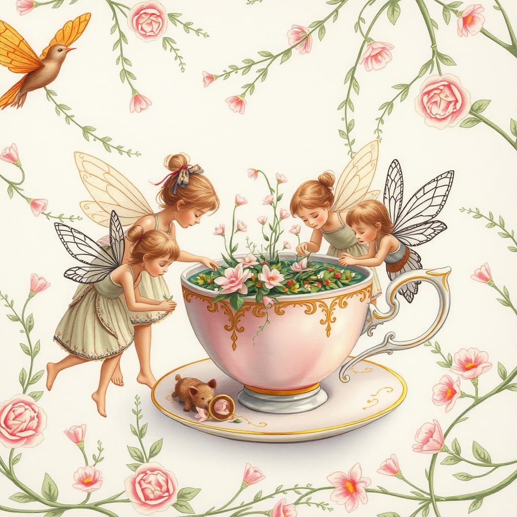 Fairies Tend Teacup Garden: Whimsical Watercolor Illustratio...