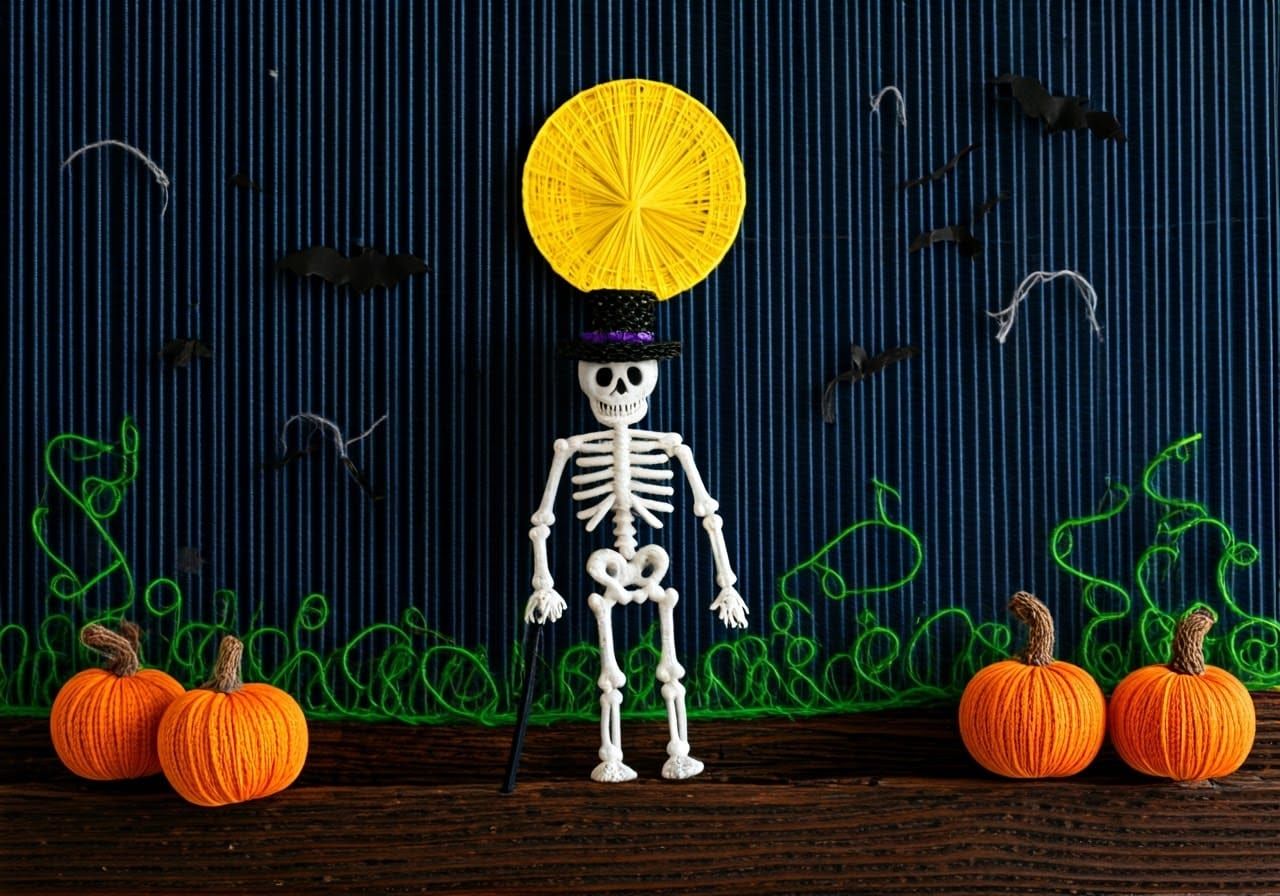 String Art Skeleton in Spooky Pumpkin Patch