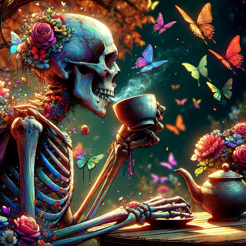 Skeletal Figure Sipping Tea in Blooming Garden