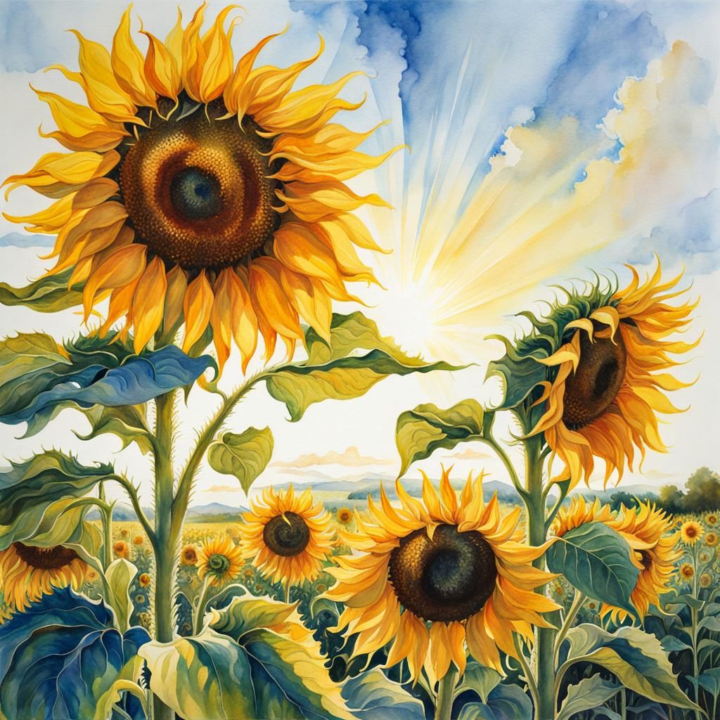 Sunflowers in Watercolor Meadow, Detailed and Colorful