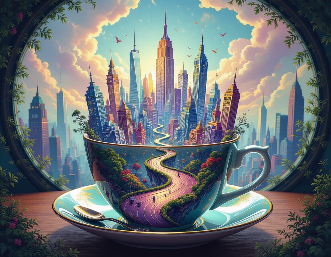 Surreal Cityscape Inside Teacup Digital Art