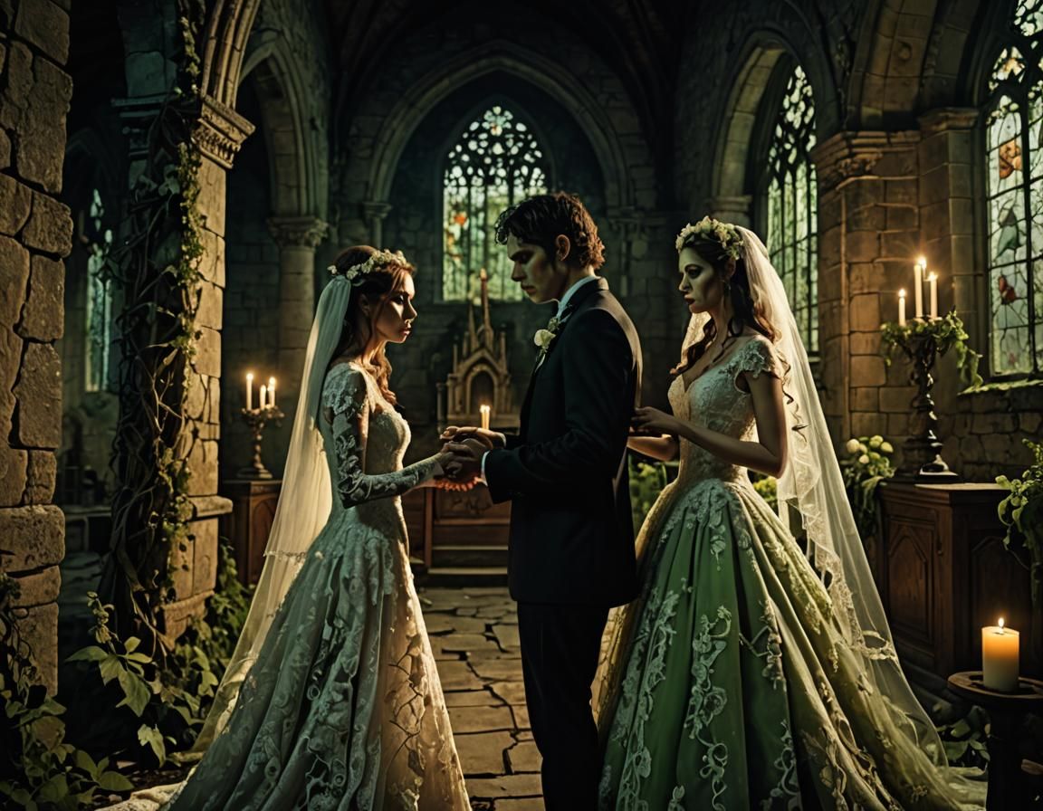 Zombie Wedding in Ruined Church, Dark Fantasy Art