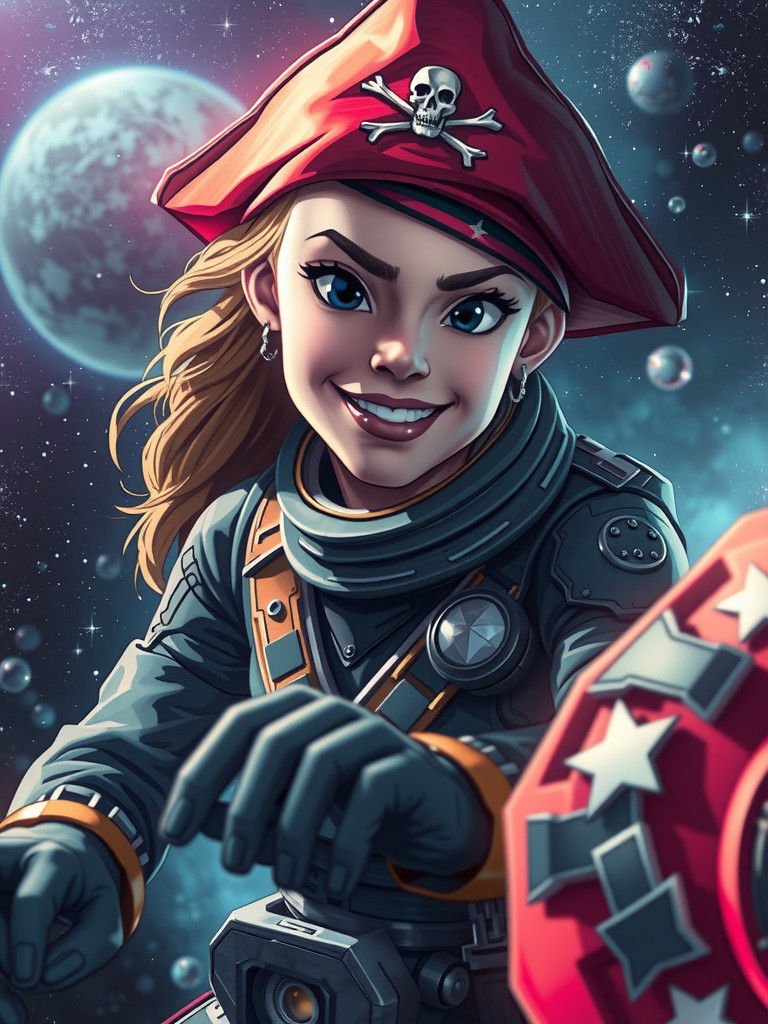 Female Space Pirate Captain: Cosmic Holographic Illustration