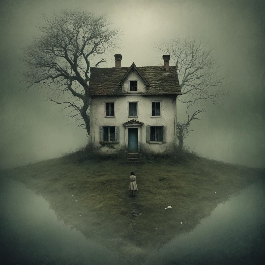 Surreal House in Mist: Evoking Mystery and Resilience
