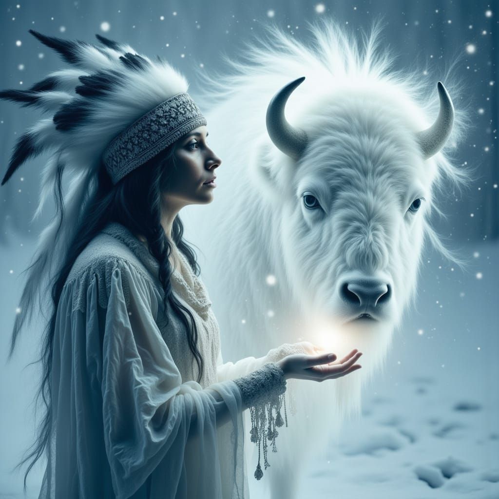 Spectral Native Woman and Spirit Bison in Winter Blizzard