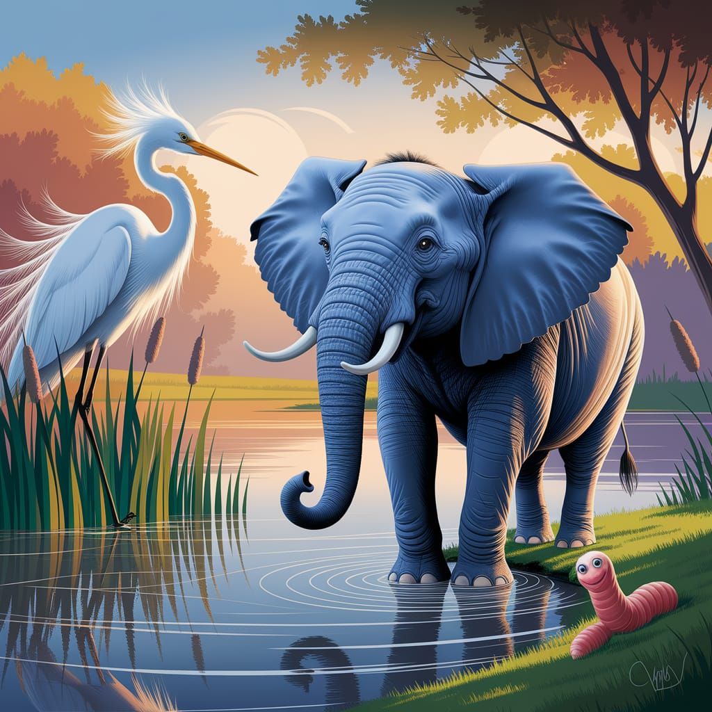 Astonished Elephant, Egret, and Earthworm in Caricature Styl...
