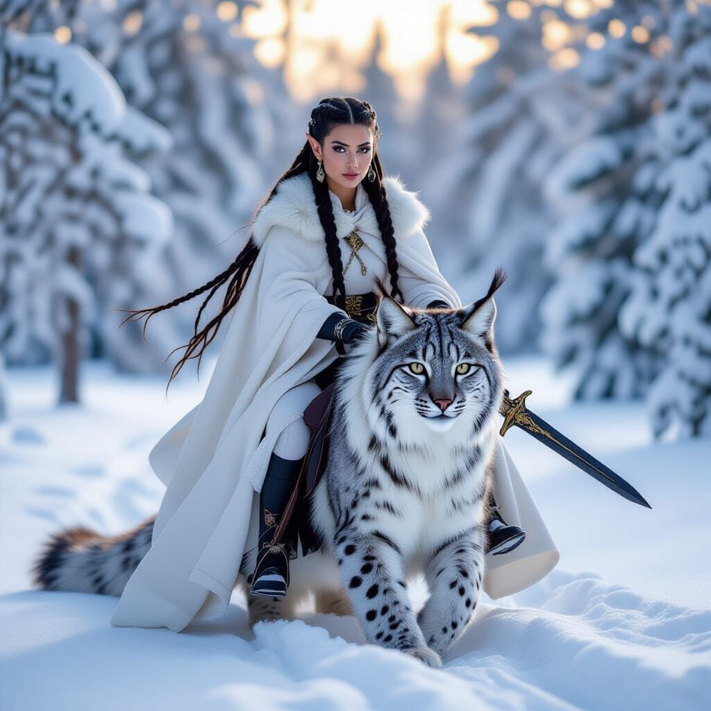 Elf Woman on Lynx in Winter Wonderland