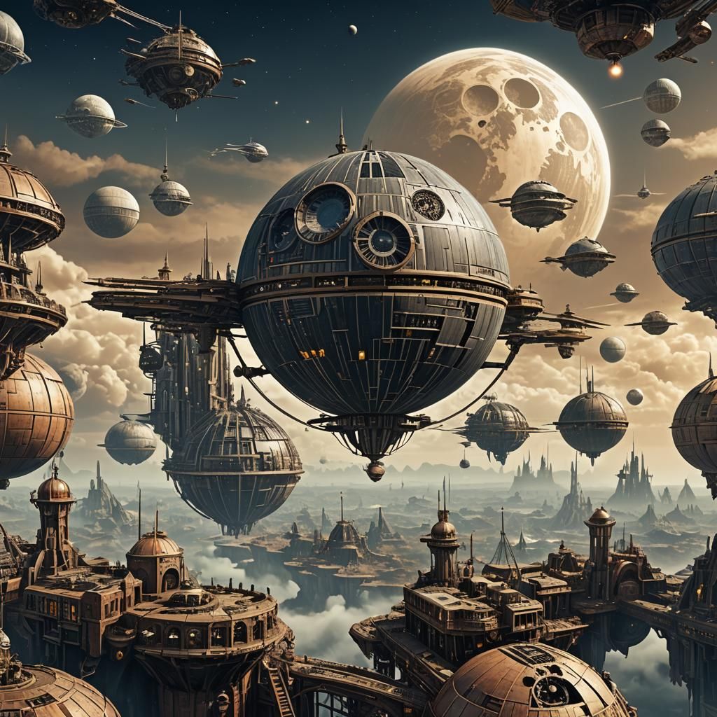 Steampunk Death Star Orbiting a Planet