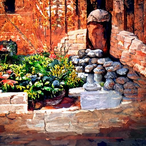 Renaissance Stone Wall Garden as Oil Painting