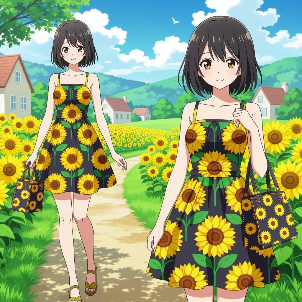 Thailandese Woman in Sunflower Dress: Anime Style
