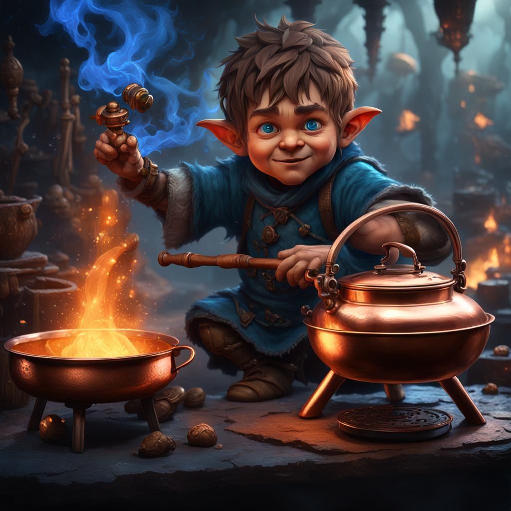 Halfling Brews Potion Over Mystic Blue Fire