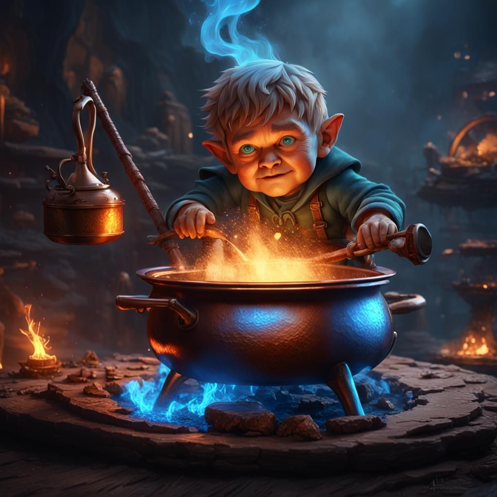 Halfling Brews Potion Over Blue Fire, Fantasy Art