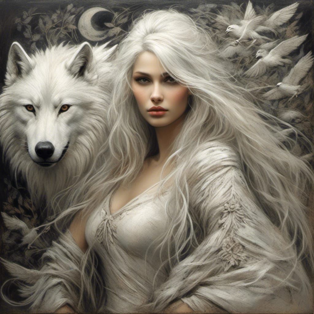 Woman with White Wolf in Chalk Art Style