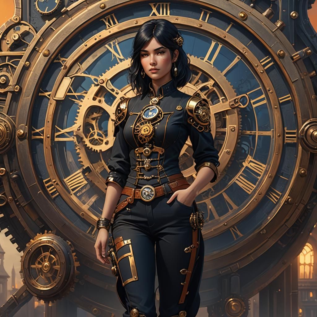 Steampunk Woman with Timepiece in Golden Light