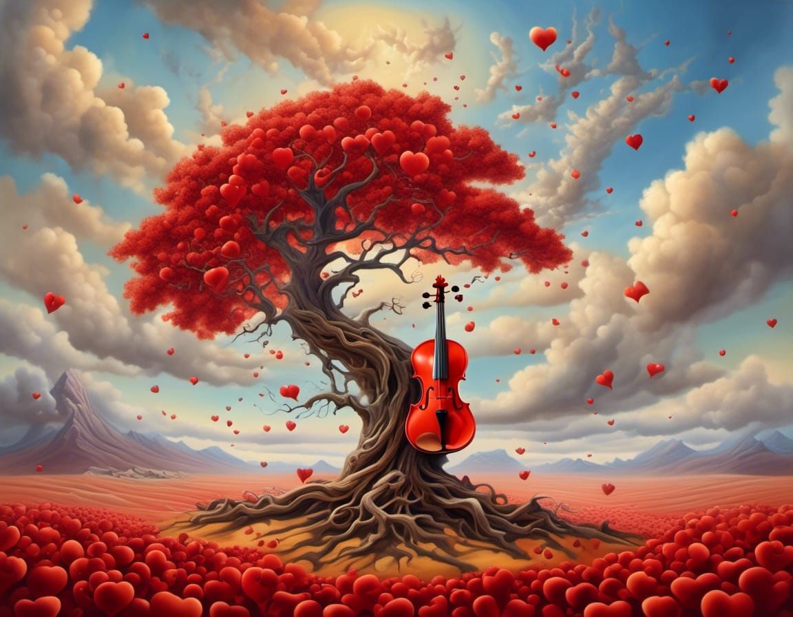 Violin Tree Fusion in Surreal Oil Painting Style