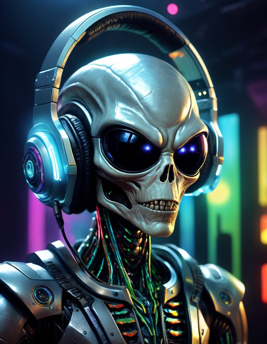 Hyperrealistic Alien DJ Prism Head in Sci-Fi Club